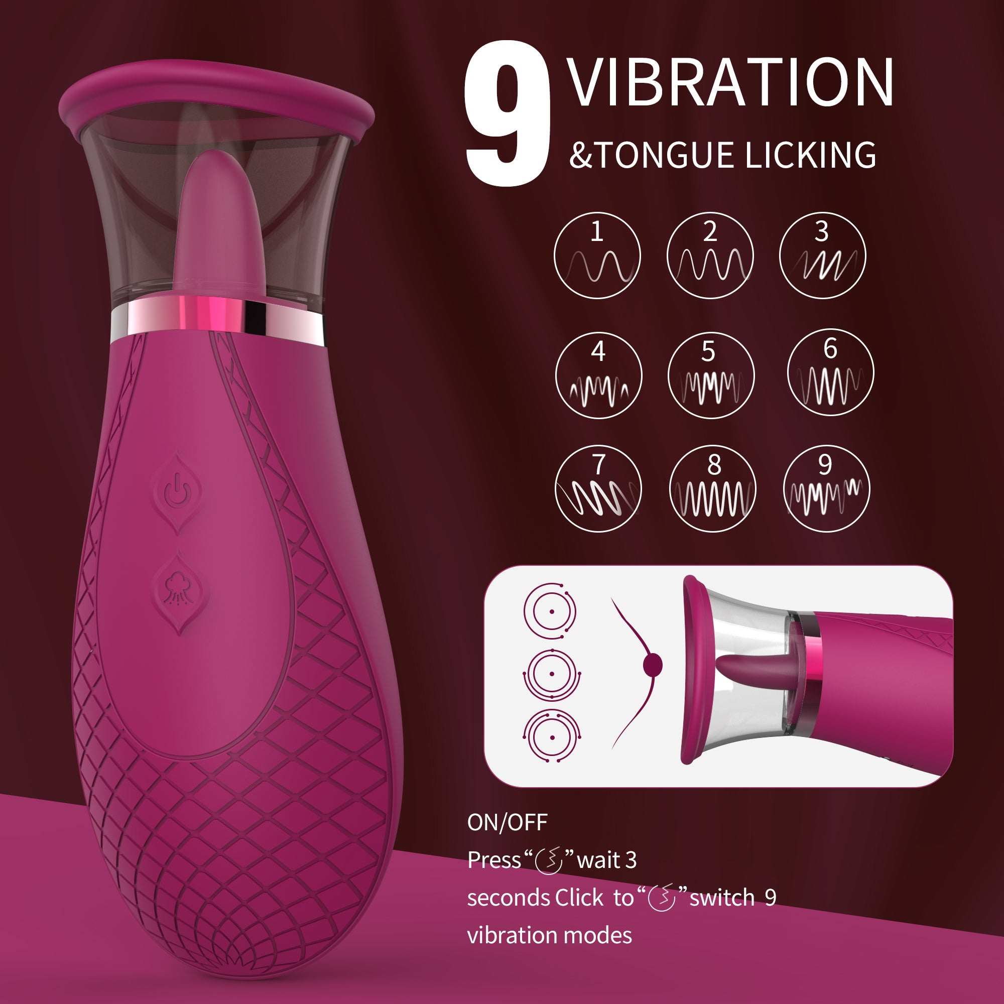 3 Sucking 9 Tongue-Licking Nipples Clit Massager Vibrator