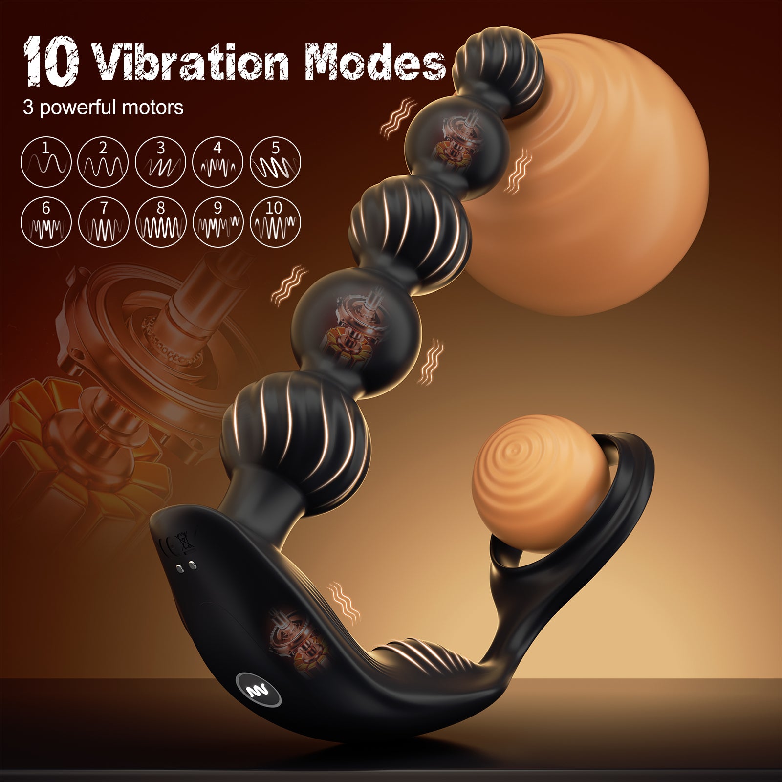10 Vibrating Remote Controlled Silicone Anal Beads with Cock Ring