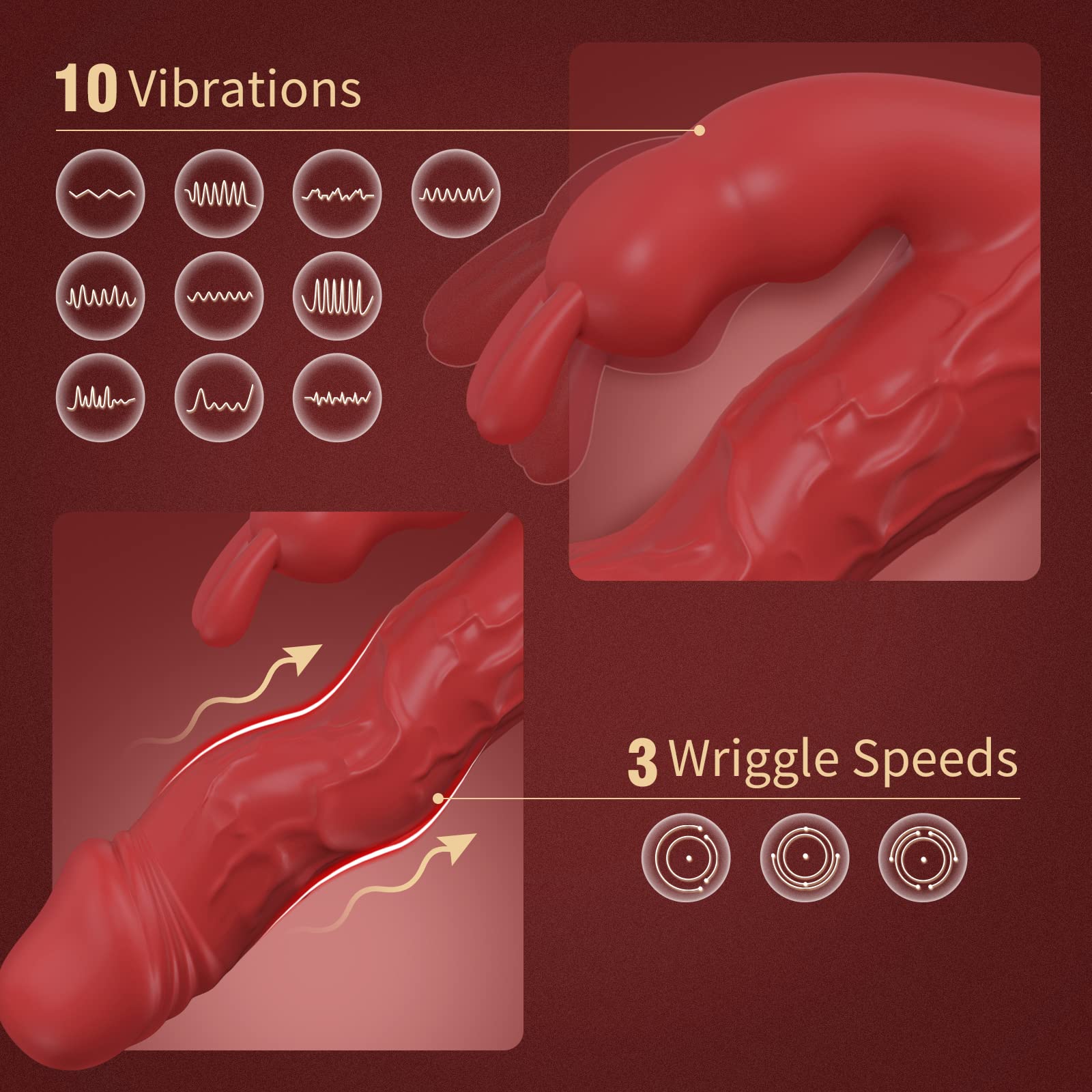 Phallic-Shaped 10 Vibrating 3 Wriggling Rabbit Vibrator